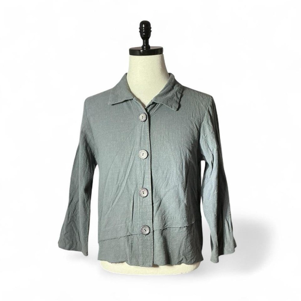 Habitat Lagenlook Textured Button Front Shirt Womens M Gray Art To Wear Raw Edge